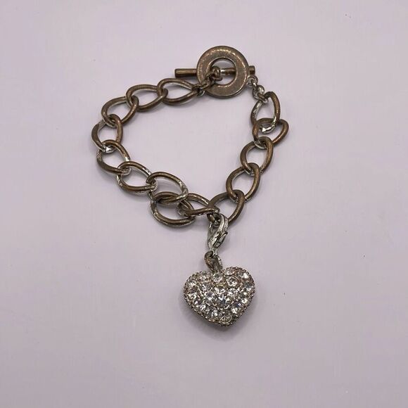 MONET Silvertone Chain Rhinestone Heart Charm Toggle Clasp Vintage Flawed - Picture 1 of 6